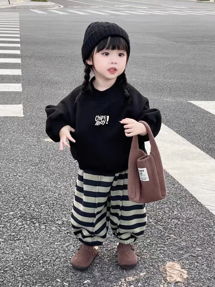 Top Trends: 2023 Korea Autumn WInter Plush Children's Sets Boys Girls Clothes Set Weaters Pants 2Pcs Set Children's Sports Striped Pants Shoppable Styles