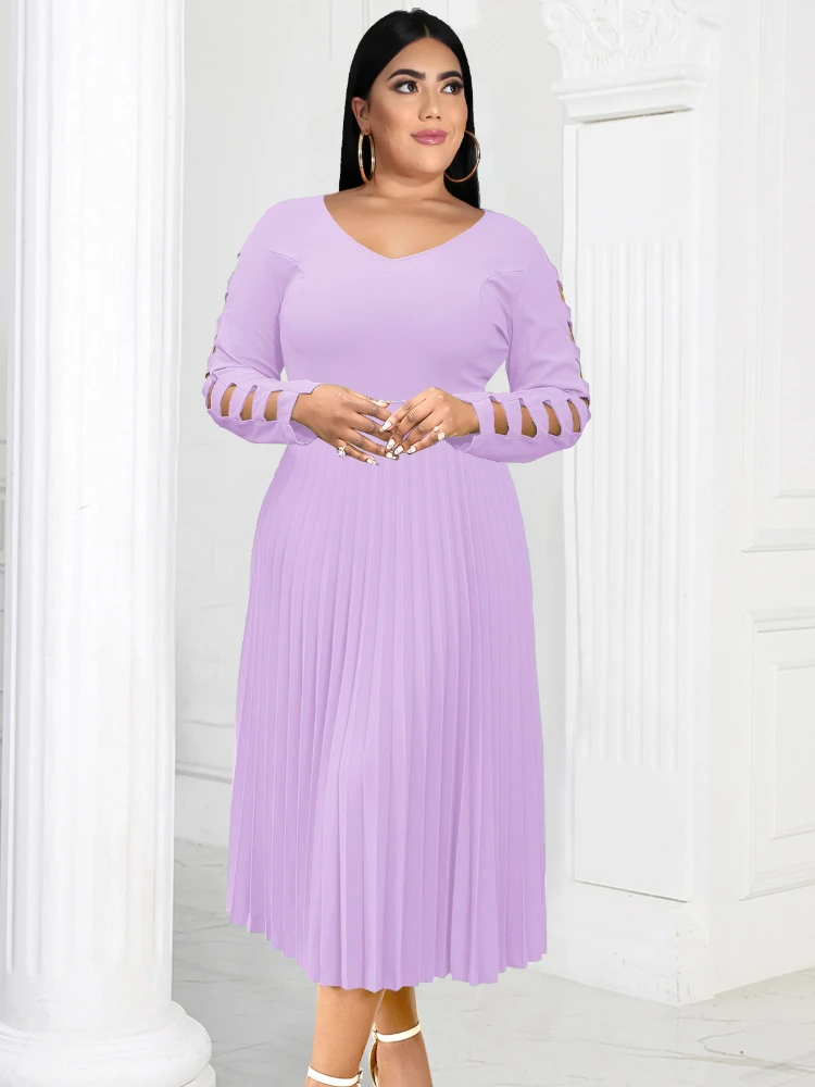 Top Trends: ONTINVA Pleated Dresses For Women Lavender V Neck Long Hollow Out Sleeve A Line Office Lady Casual Event Party Midi Gowns 4XL Shoppable Styles