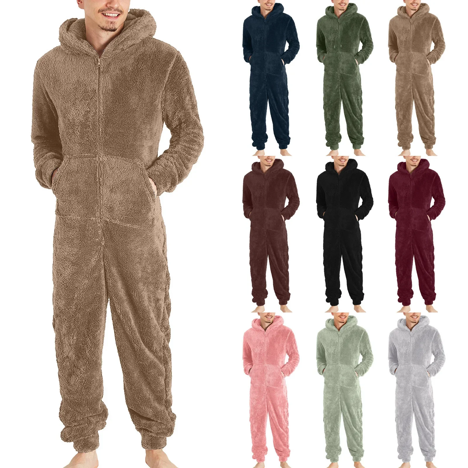 Top Trends: Men Artificial Wool Long Sleeve Pajamas Casual Solid Color Zipper Loose Hooded Jumpsuit Pajamas Casual Winter Warm Rompe 1 Shoppable Styles