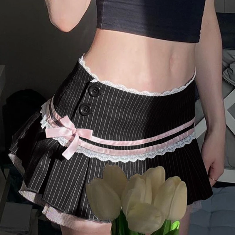 Top Trends: Goth Dark Harajuku Y2k Kwaii Lace Trim Mini Skirts Gothic Cutecore Bow Striped Pleated Skirt Low Waist Color Match Party Bottoms Shoppable Styles