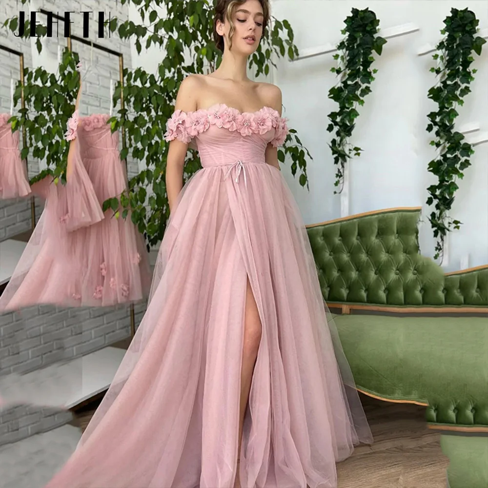 Top Trends: JEHETH Pink 3D Flowers Tulle Prom Party Dress Off The Shoulder Split Sweetheart A Line Evening Gown Pleats Formal Floor Length Shoppable Styles