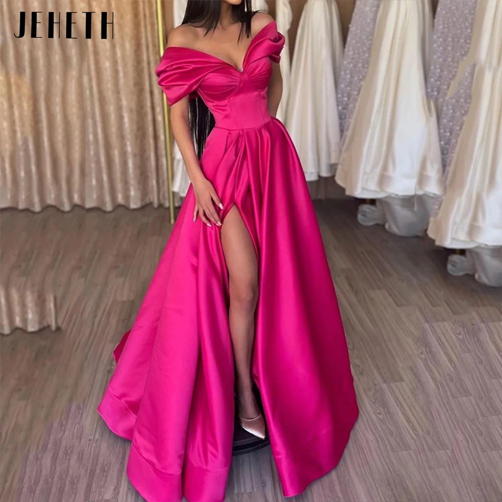 Top Trends: JEHETH Off The Shoulder Evening Dress Fuchsia Women Elegant Side Split Backless Satin A Line Prom Party Gown Vestidos De Festa Shoppable Styles