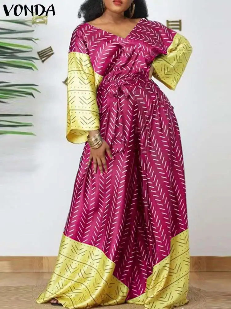 Top Trends: Women Party Dress 2023 VONDA Sexy V Neck Long Sleeve Party Dress Vintage Patchwork Printed Maxi Dress Loose Vestidos Oversized Shoppable Styles