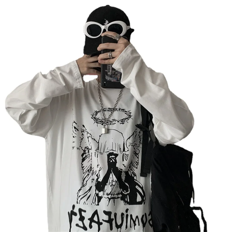 Top Trends: T Shirt For Men Men Oversize Long Sleeve T-shirt Autumn Print O-neck Tee Oversized Gothic Dark Academia T Shirt Male Unisex Tops Shoppable Styles