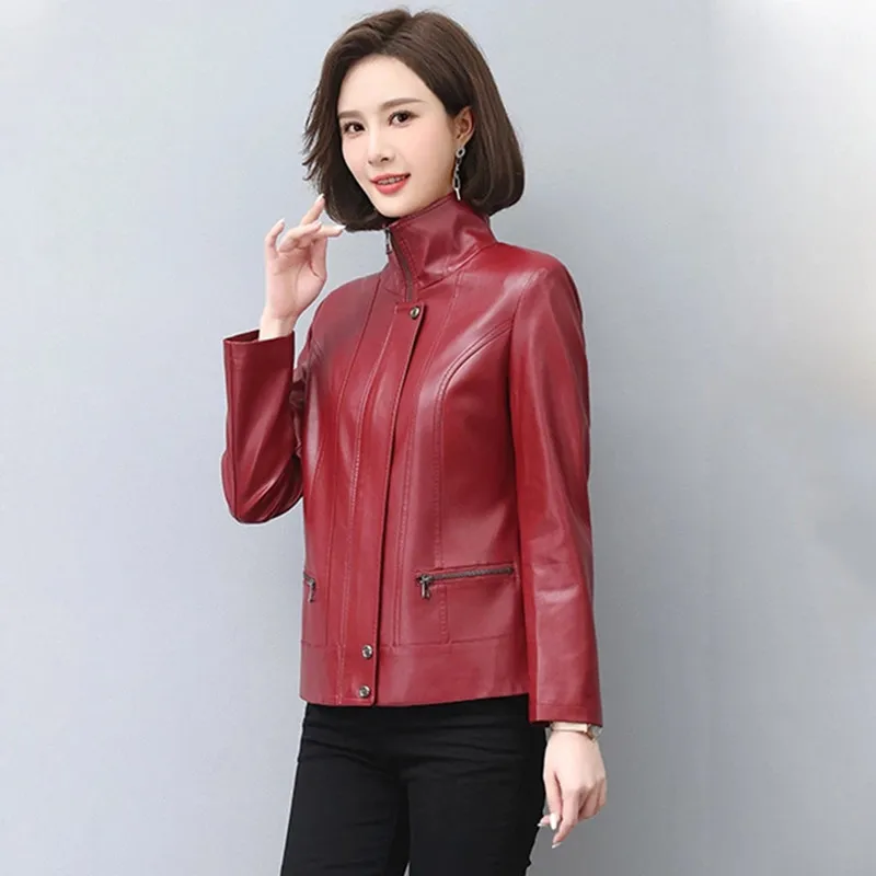 Top Trends: New Women Leather Jacket Autumn Winter Casual Fashion Stand Collar Plus Cotton Lining Slim Short Sheepskin Coat Spring Outerwear Shoppable Styles