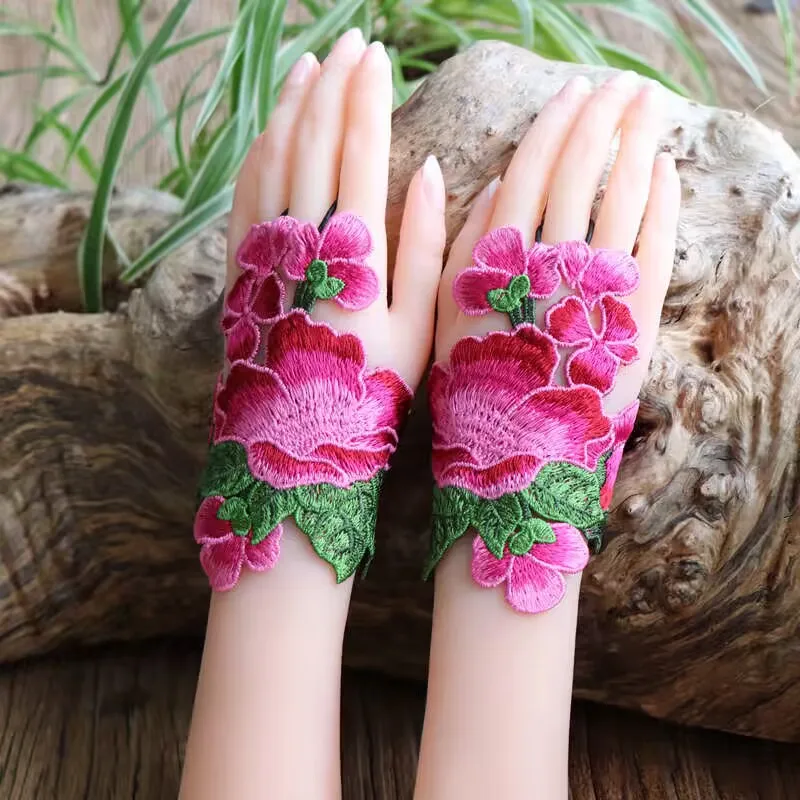 Top Trends: Elegant Cute Woman Lace Fingerless Gloves For Girlfriend Red Pink Flower Embroidered Half Finger Gloves For Women Shoppable Styles