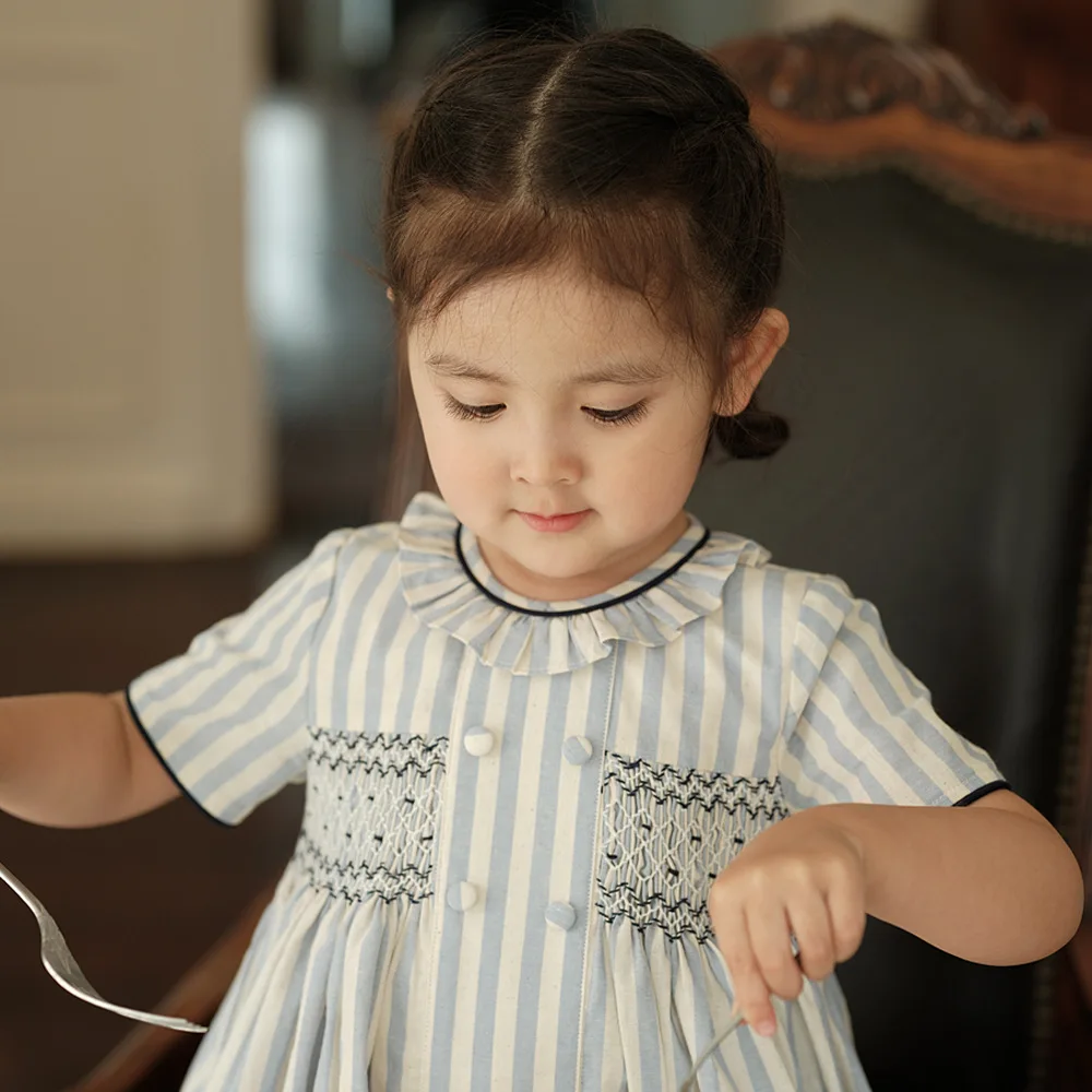 Top Trends: 2024 Kids Spanish Smocked Embrodiery Dresses For Girls Luxury Boutique Dress Girl Hand Made Smocking Blue Stripes Clothes Baby Shoppable Styles - Image 6