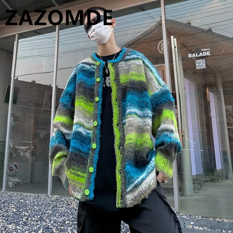 Top Trends: ZAZOMDE Men Wear Knitted Hip Hop Y2K Sweater Loose V-neck Single Breasted Tie-dye Knitted Stripe Cardigan Sweater Coat Winter Shoppable Styles