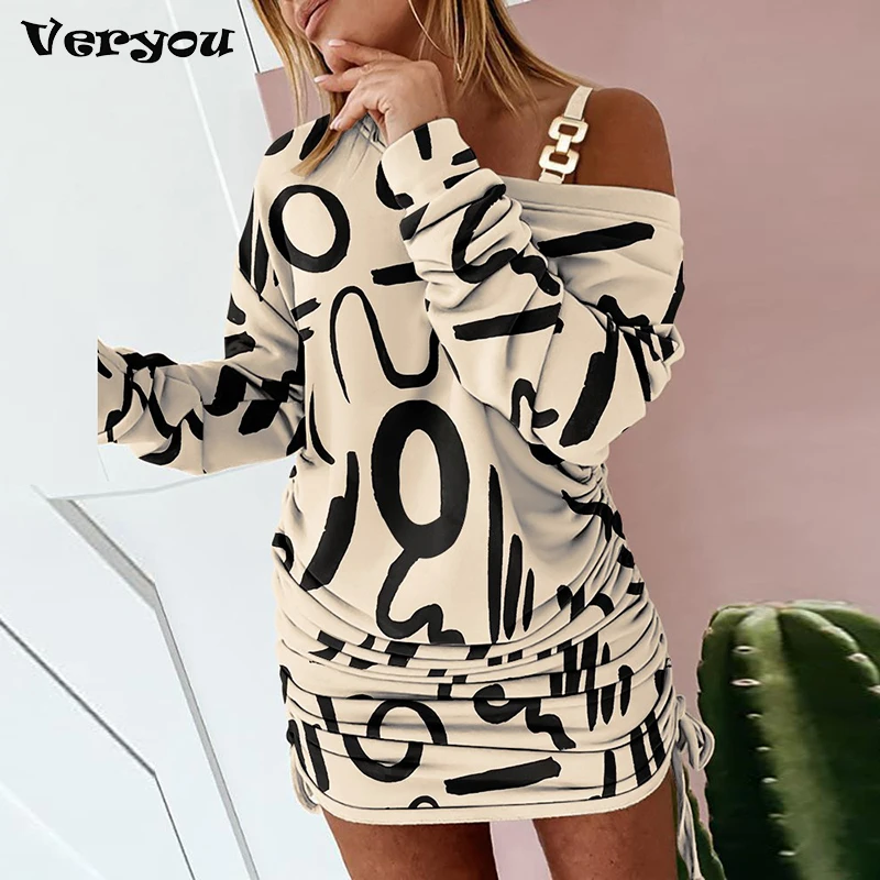 Top Trends: 2023 New Sexy Mini Bodycon Dress Women Off Shoulder Long Sleeve Casual Slim Fashion Print Women Dresses Women's Elegant Dress Shoppable Styles