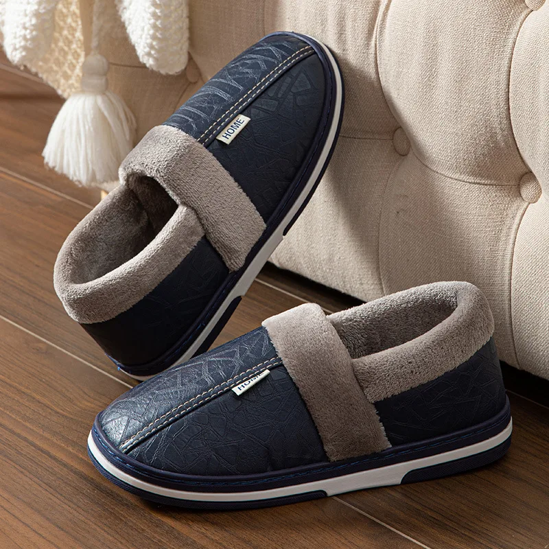 Top Trends: Big Size 50-51 Men Slippers Winter PU Leather Warm Indoor Waterproof Home Furry Flats Couples Slides Bedroom Non Slip Shoes Shoppable Styles