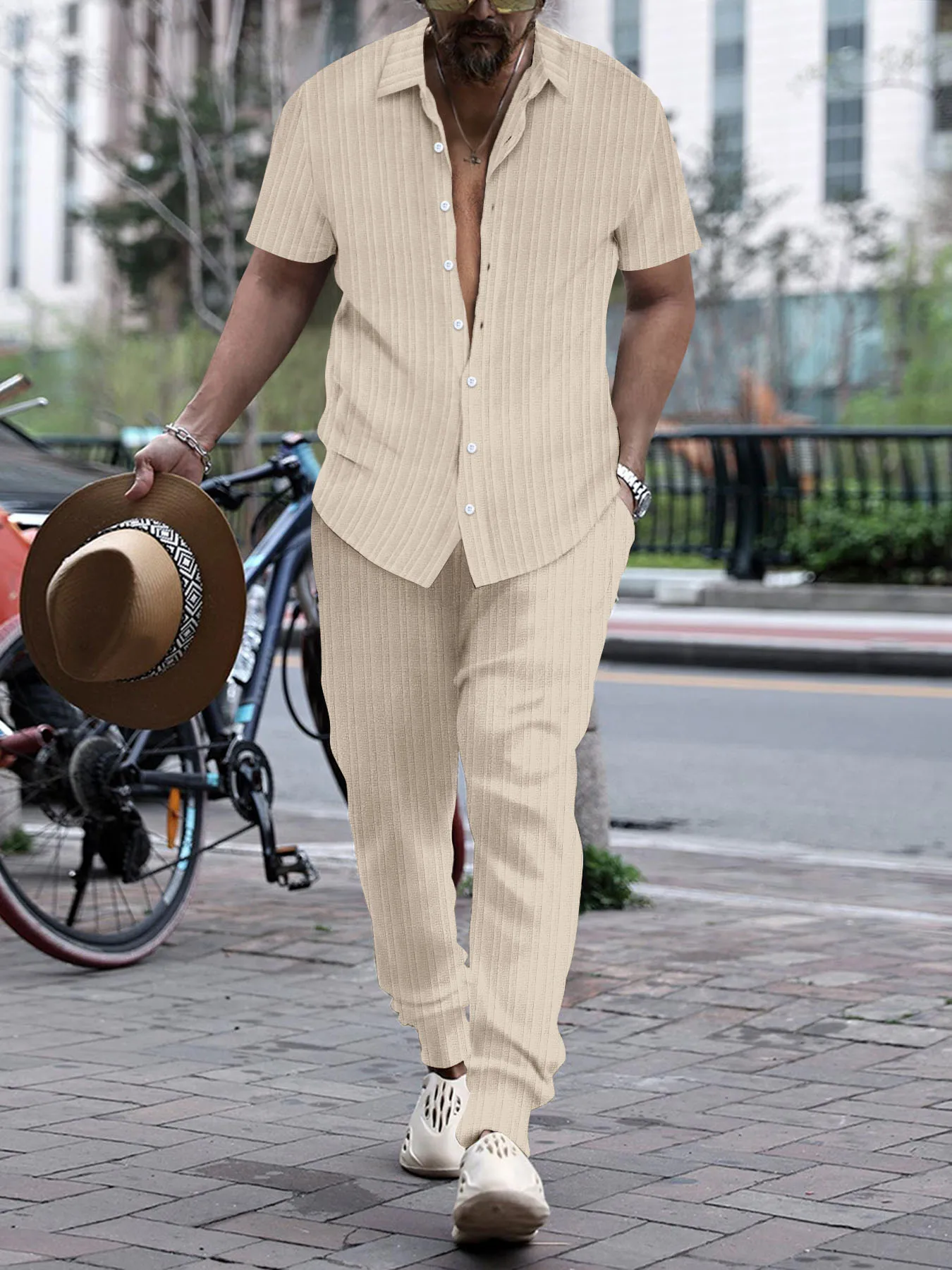 Top Trends: 2024 Summer Fashion Men&#039;s Sets Solid Color Stripe Streetwear Short Sleeve Shirt &amp; Pants Two Pieces Sets Casual Suits S-3XL Shoppable Styles