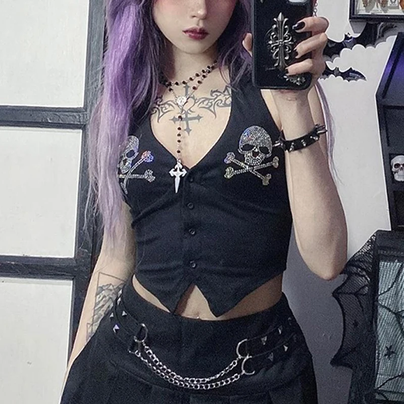 Top Trends: Goth Dark Skull Rhinestone Mall Gothic Halter Tops Grunge Aesthetic Button Up Emo Crop Top Punk Sexy Backless Bandage Alt Outfit Shoppable Styles