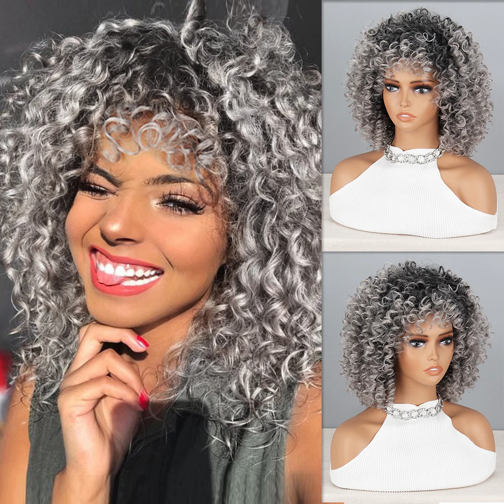 Top Trends: Afro Kinky Curly Wigs With Bangs For Synthetic Wigs Natural Hair Silver Gray Wig Cosplay Heat Resistant Fiber Shoppable Styles