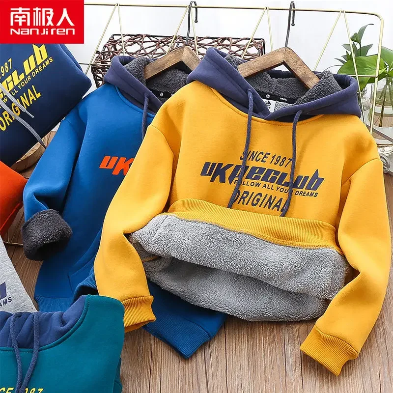 Top Trends: Boys' Velvet Padded Hooded Sweatshirt Children's Single-layer Wool Lined Hoodie Padded Top Bottom Shirt 2022 Winter New Sweater Shoppable Styles