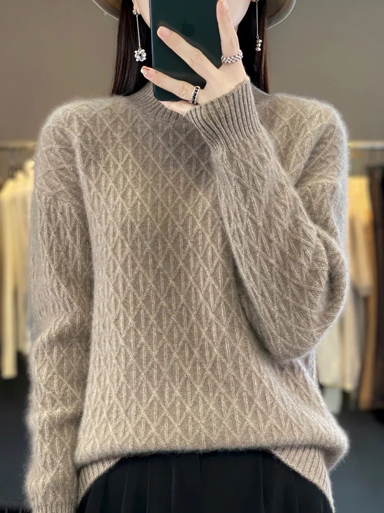 Top Trends: Autumn Winter Women Mock Neck Diamond Lattice Pullover Thickening Sweater 100% Merino Wool Clothing Cashmere Knitwear Female Top Shoppable Styles