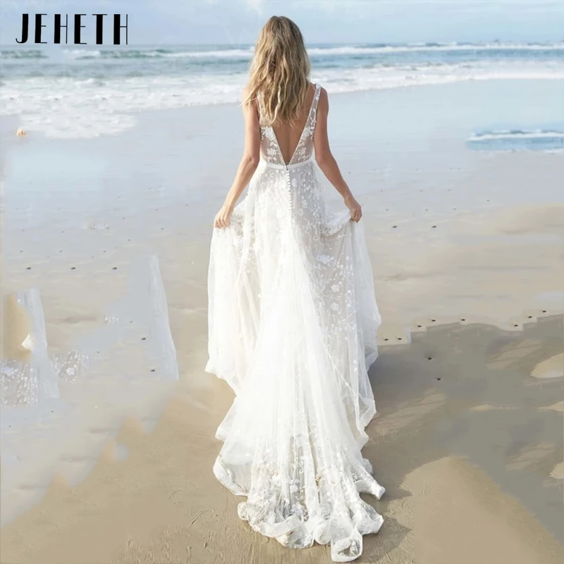 Top Trends: JEHETH Illusion Tulle Beach Wedding Dress Charming Backless Appliques Bridal Gowns Deep V-Neck Spaghetti Straps Vestido De Noiva Shoppable Styles