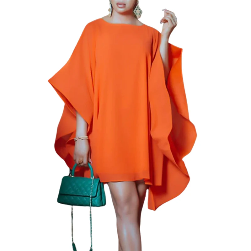 Top Trends: Yeezzi Female Fashion Solid Color Elegant Party Dress 2023 Summe Half Batwing Sleeves Round-Neck Orange Mini Dresses For Women Shoppable Styles