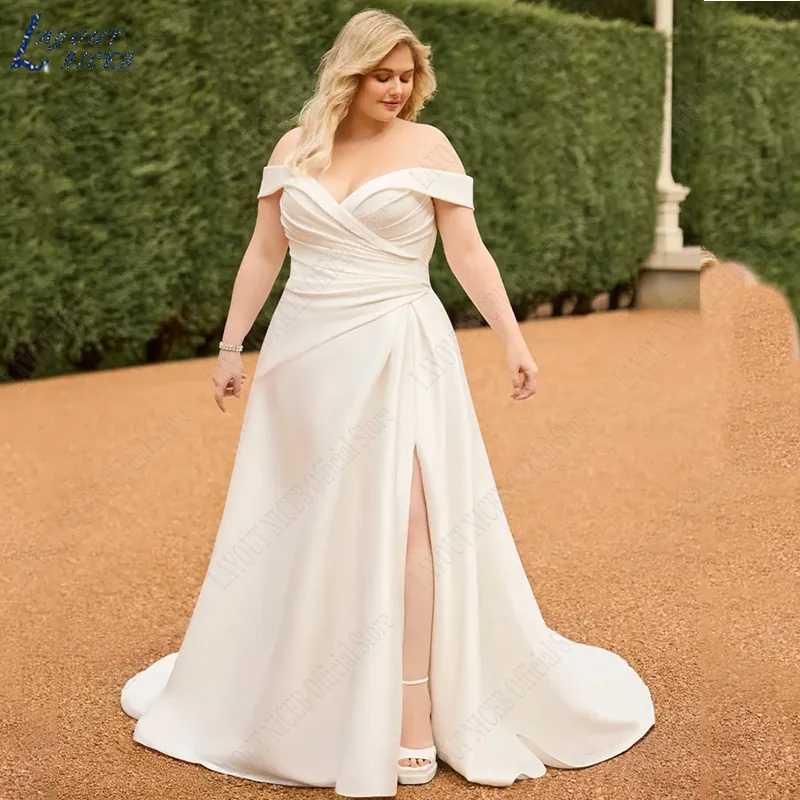 Top Trends: LAYOUT NICEB White A-Line Court Train Satin Off The Shoulder Wedding Dress 2023 Plus Size Brautkleider Robe De Mariée Split Shoppable Styles - Image 2