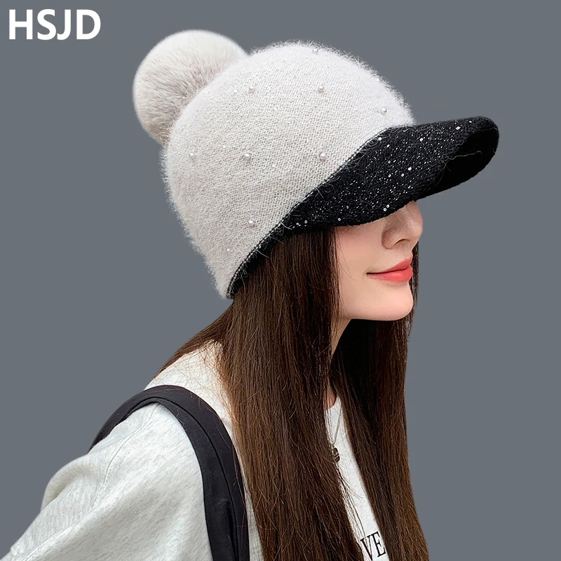 Top Trends: Female Beanies Rabbit Hair Stripe Knitted Hats Winter Visor Hat Thick Warm Skullies Beanies Winter Hats For Women Soft Bonnet Shoppable Styles