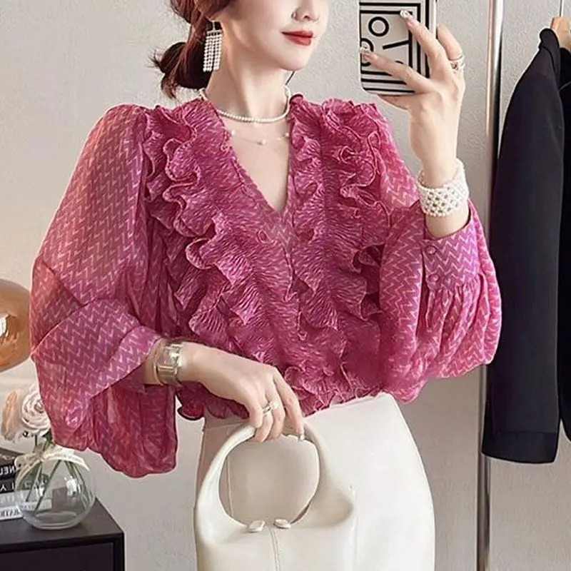 Top Trends: Spring And Autumn Women's Pullover V-neck Long Sleeve Bubble Sleeve Solid Floral Striped Chiffon Shirt Fashion Casual Tops Shoppable Styles - Image 2