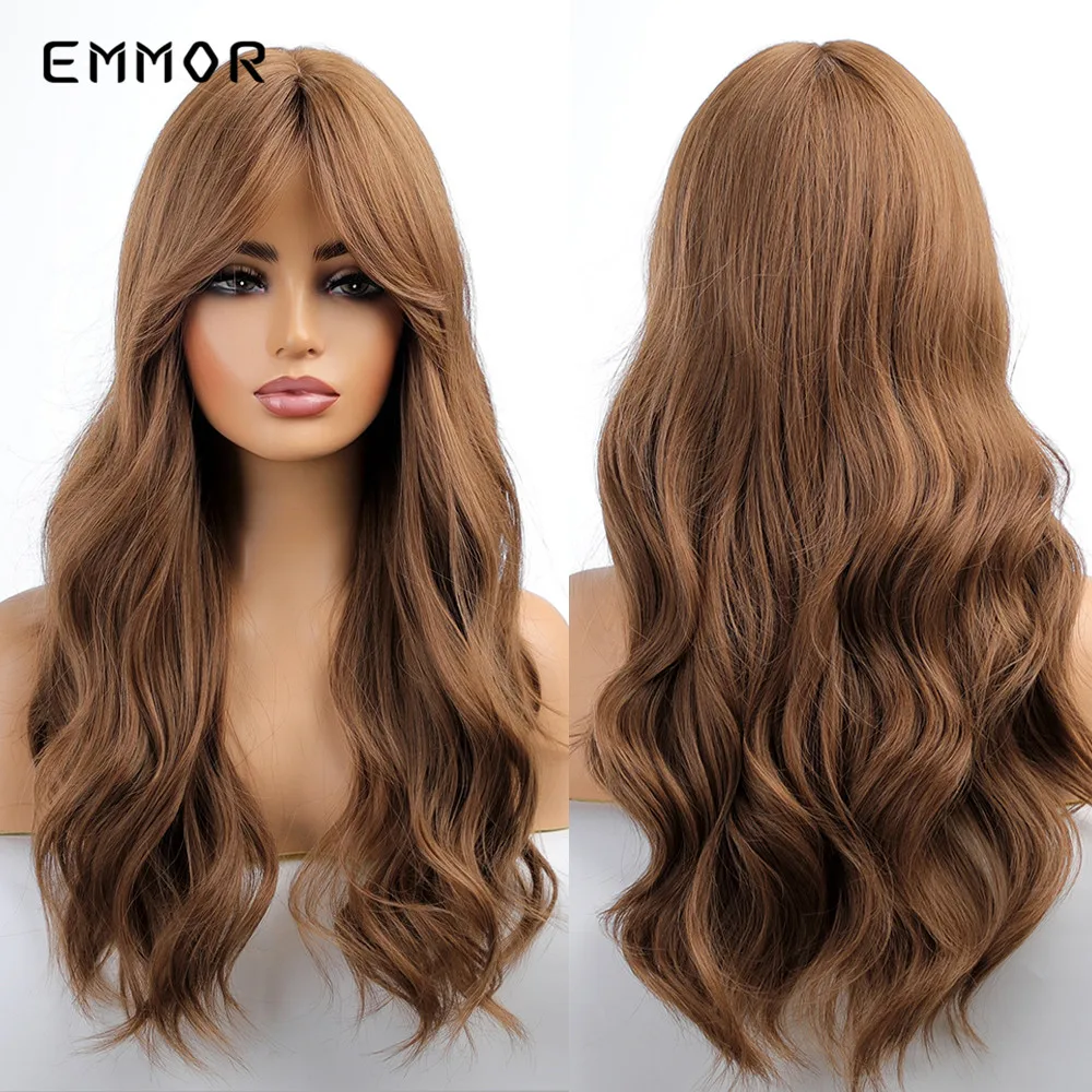 Top Trends: Emmor Synthetic Long Wavy Wigs With Bangs Cosplay Natural Ombre Brown To Dark Blonde Hair For Women High Temperature Fiber Wig Shoppable Styles