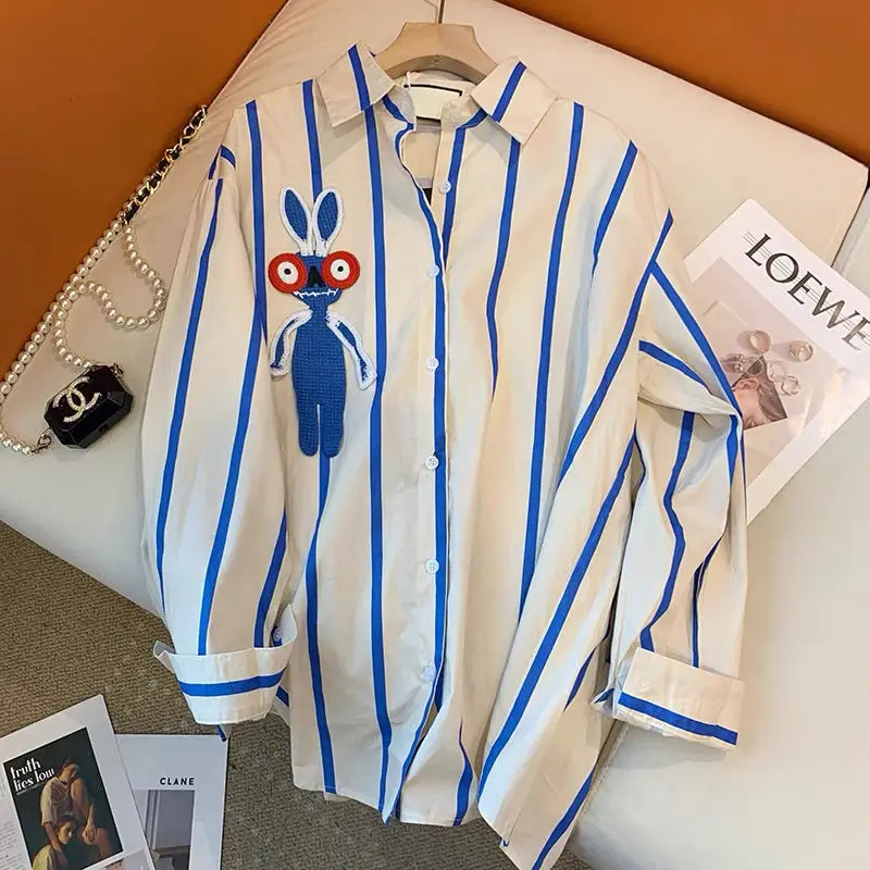 Top Trends: 2023 Spring And Autumn Fashion Minimalist Loose Casual Fashion Brand Design Sense Contrast Blue Stripe Rabbit Versatile Shirt Shoppable Styles