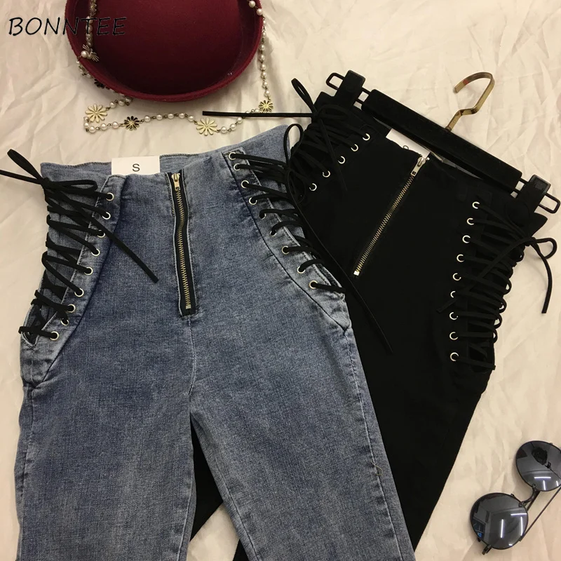 Top Trends: Jeans Women Lace-up Skinny All-match Zipper Simple Trendy Ankle-Length Trousers Womens Spring Autumn Slim Female High Quality Shoppable Styles