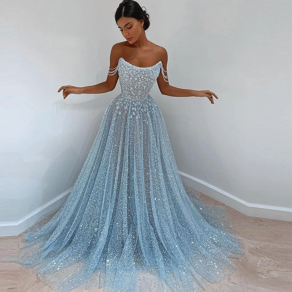 Top Trends: 2023 New Sexy Sparkle Shinny Tulle Flowers Lace Appliques Long Prom Dresses A Line Wedding Magnificent Party Evening Gowns Shoppable Styles