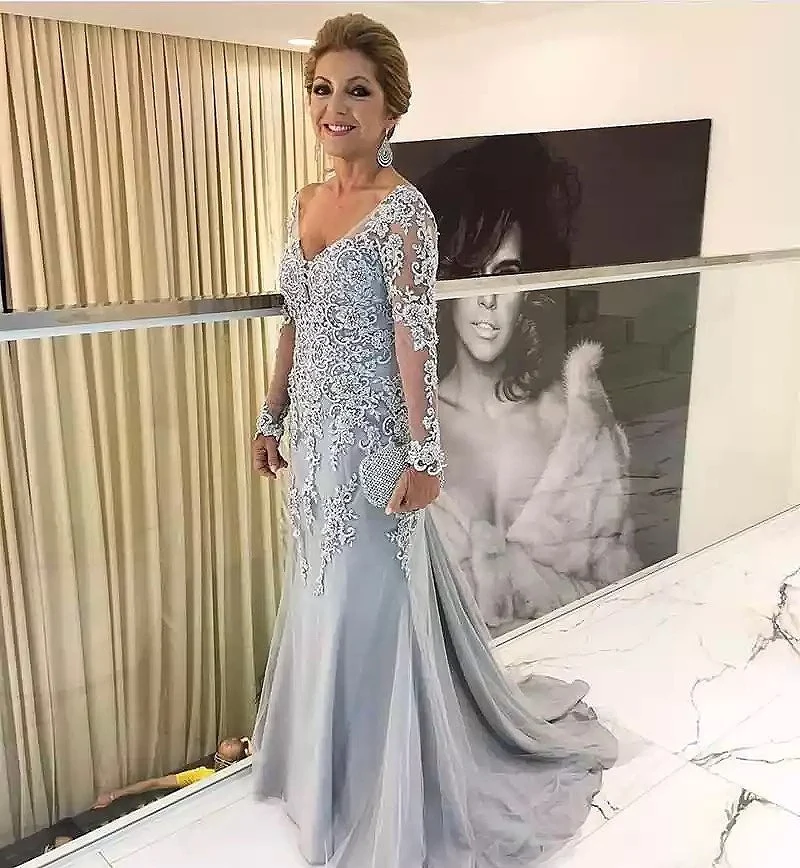 Top Trends: Blue Mermaid Mother Of The Bride Dress M09 Long Sleeve Beaded Tulle Satin Groom Mother Dress Plus Size Wedding Party Guest Gown Shoppable Styles