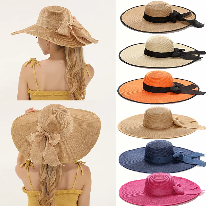 Top Trends: 15CM Wide Brim Beach Straw Hats For Women Simple Foldable Summer Outing Sun Hat Fashion Flat Brom Bowknot Uv Protection Panama Shoppable Styles