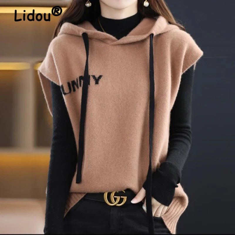 Top Trends: Hooded Sweater Knittingt Vest Women Vintage Casual Tops Loose Pullover Jumper Solid Waistcoat Spring Autumn Korean Y2k Clothing Shoppable Styles