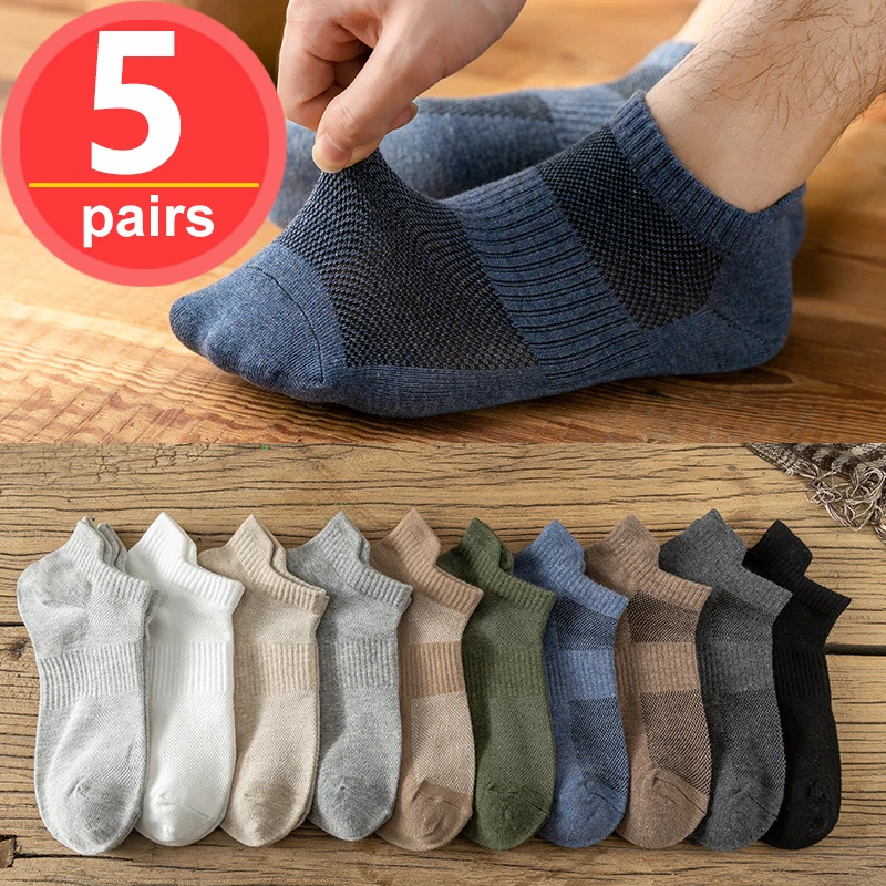 Top Trends: 5Pairs / lot Men Socks Mesh Breathable Short Casual Socks Summer Cotton Sports Socks Absorb Sweat Ankle Socks Set Meias Size 38-45 Shoppable Styles