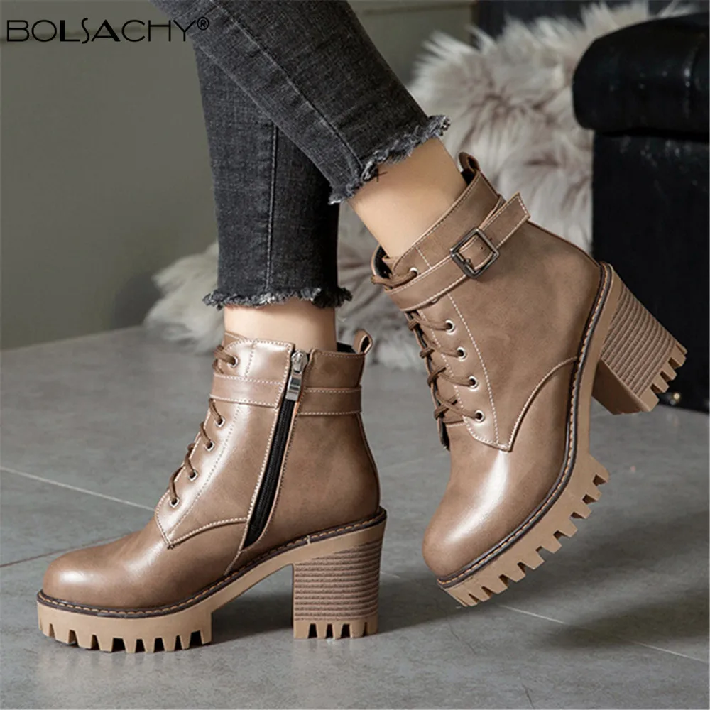 Top Trends: Boats Women 2024 New Winter Female High Heel Lace Up Ankle Boots Buckle Platform Artificial Leather Ladies Shoes Zapatos Mujer Shoppable Styles