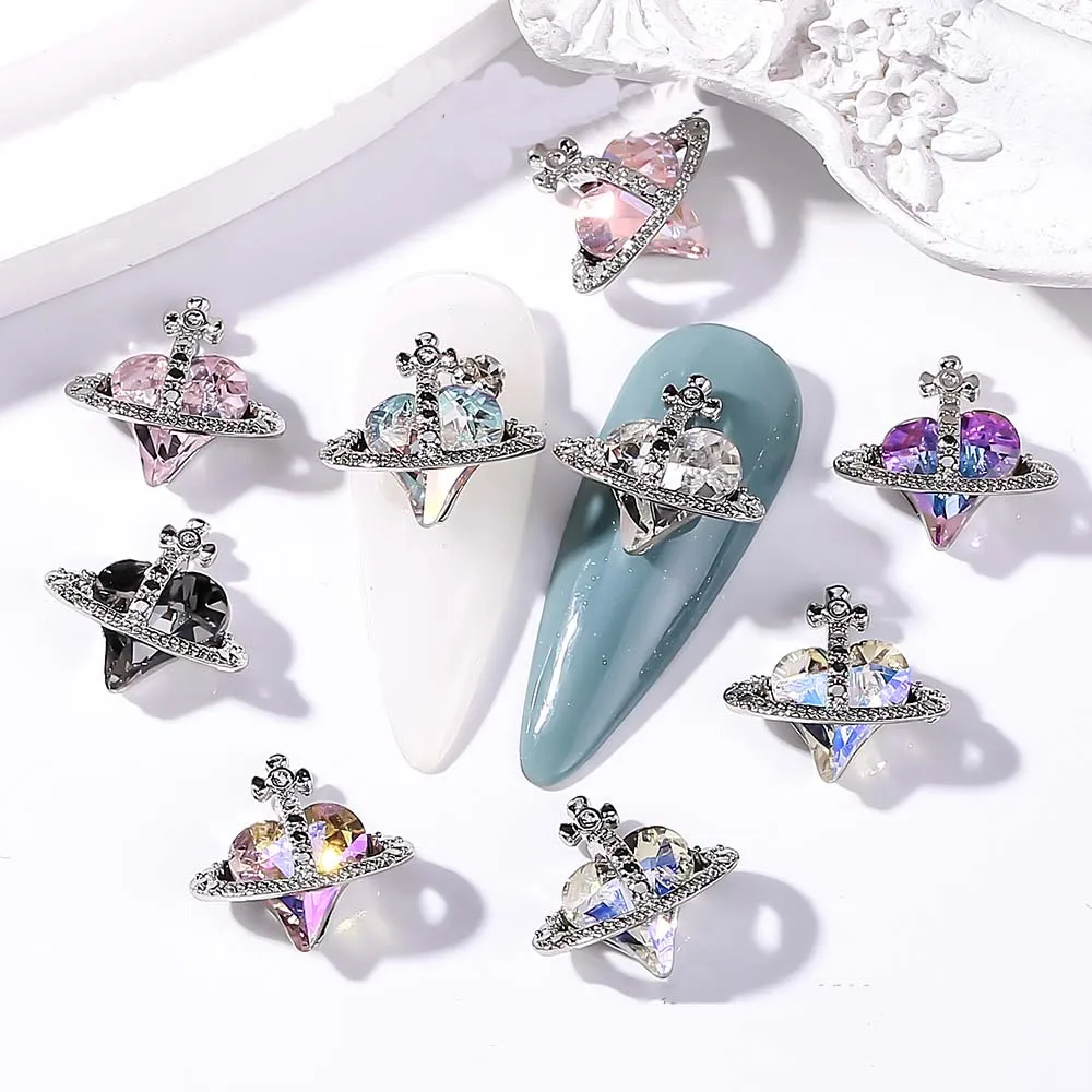 Top Trends: 10pcs Crooked Heart Cross Nail Art Charm 3D K9 Glass Crystal Heart Diamond Planet Nail Decoration DIY Luxury Nail Accessories Shoppable Styles