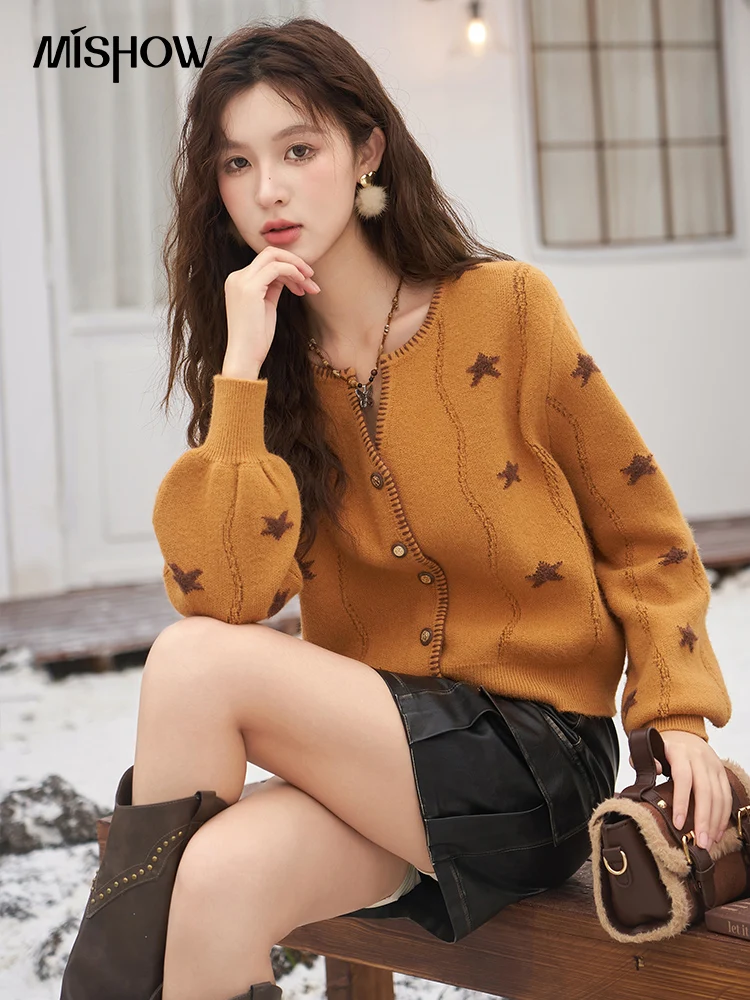 Top Trends: MISHOW French Star Graphic Orange Sweater Autumn Winter 2023 V Neck Lantern Sleeve Knit Cardigan Retro Lazy Knitwear MXC53Z0236 Shoppable Styles