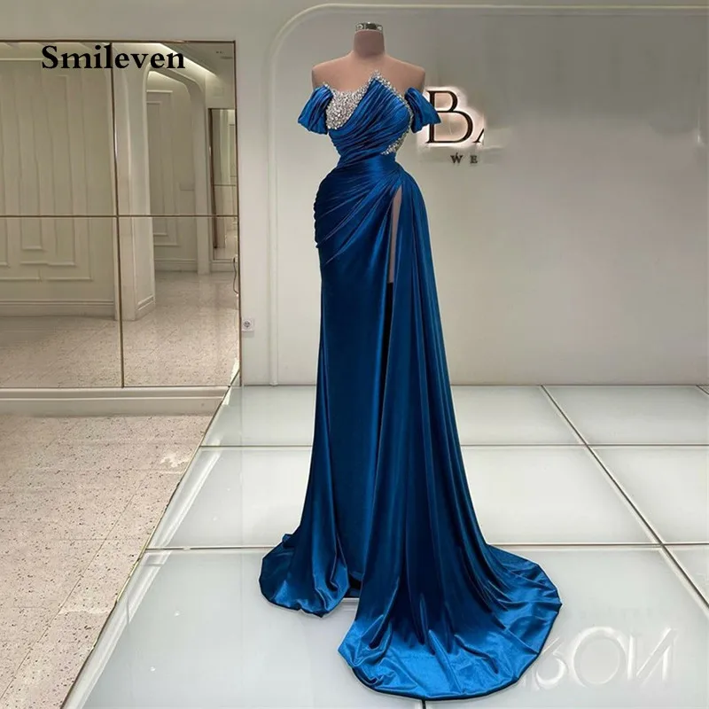 Top Trends: Smileven Blue Saudi Arabia Mermaid Evening Dresses Elegant Beading Crystal Pleats Prom Dress Side Split Party Dress 2023 Shoppable Styles