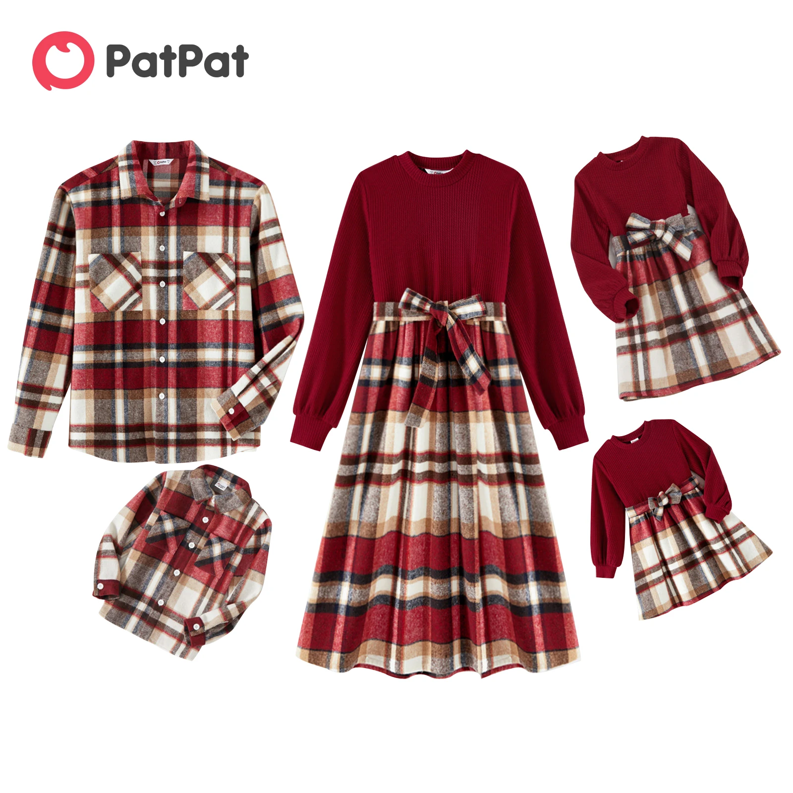 Top Trends: PatPat Valentine's Days Family Matching Outfits Solid Ribbed Spliced Plaid Belted Dresses And Long-sleeve Button Up Shirts Sets Shoppable Styles