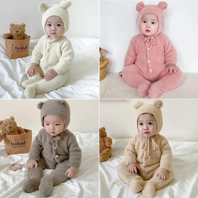 Top Trends: Faux Fur Newborn Romper For Girls Boys Clothes Winter Jumpsuit Hat Set 2PCS Baby Bodysuit Soft Warm Toddler Infant Outfit Korean Shoppable Styles