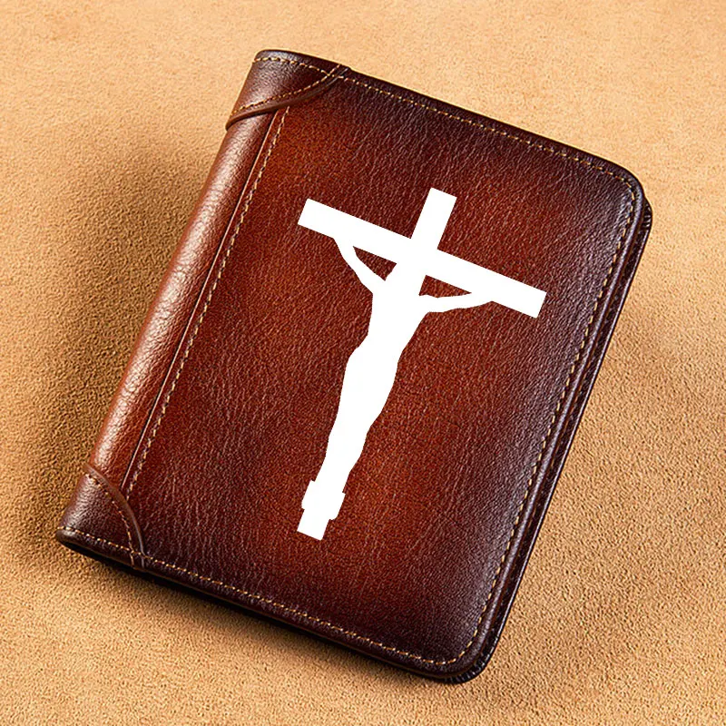 Top Trends: High Quality Genuine Leather Men Wallets Jesus Cross Design Printing Short Card Holder Purse Billfold Men's Wallet Shoppable Styles