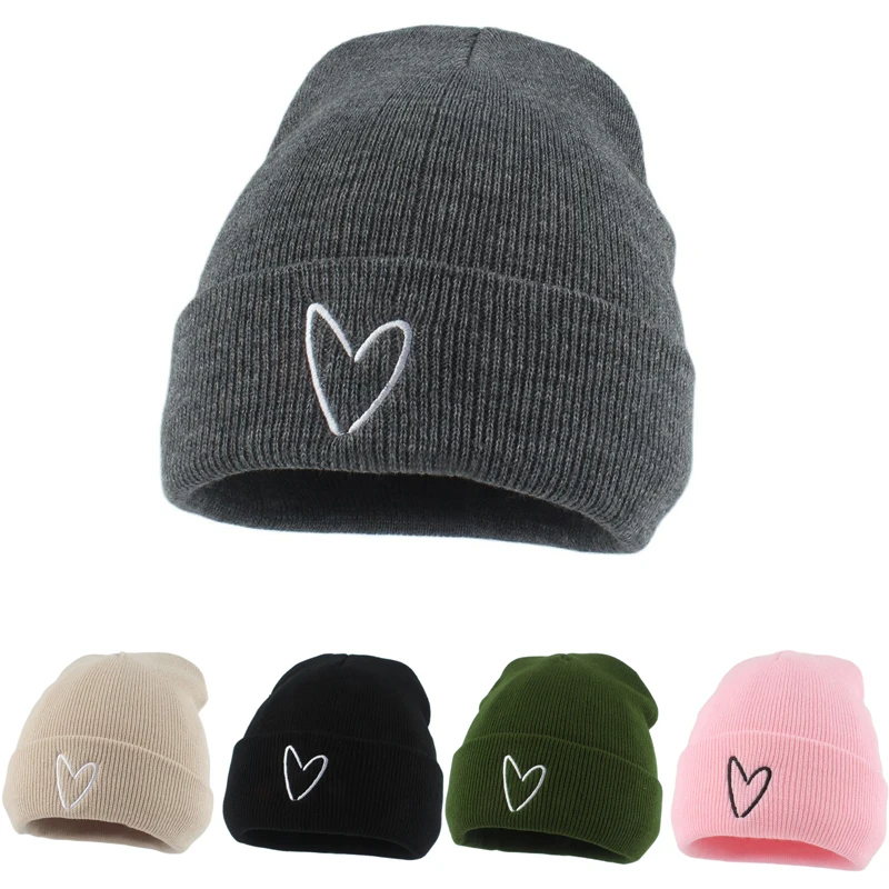 Top Trends: Love Heart Embroidery Knit Beanie Autumn Winter Hats For Women Men Fashion Outdoor Sport Ski Cap Cuffed Skullies Beanies Shoppable Styles