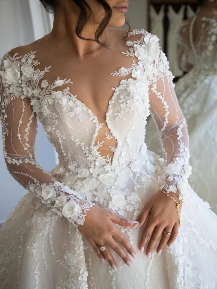 Top Trends: Vintage Floral Arabic Wedding Dresses 2022 Long Sleeves Lace Illusion Bridal Gowns Court Train Robe De Soiree Designer Marriage Shoppable Styles