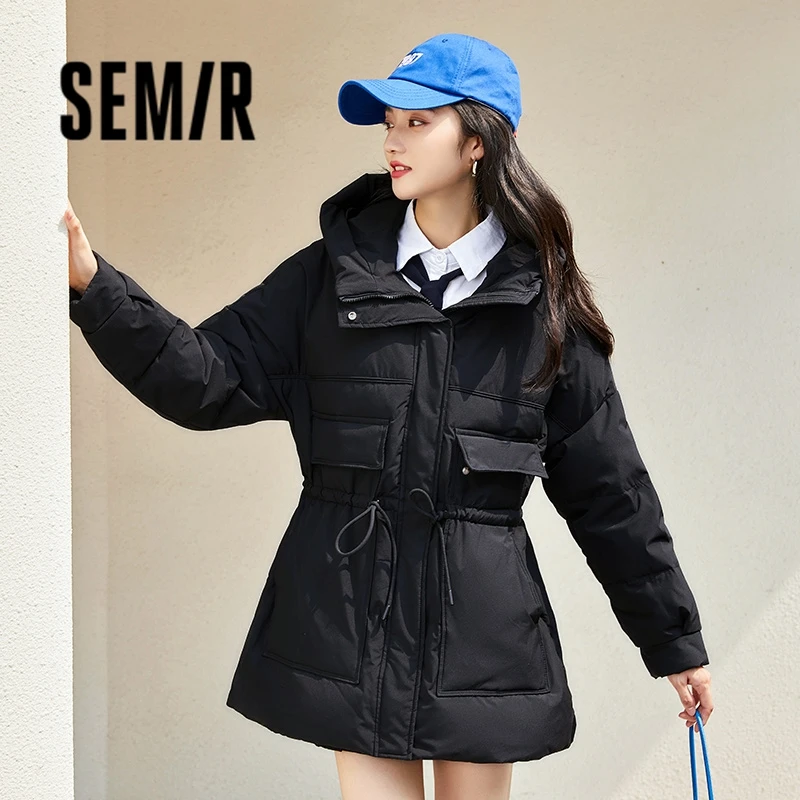 Top Trends: Semir Down Jacket Women Mid-Length White Duck Down Loose Drawstring Slimming 2023 Winter Waist Hooded Thick Down Jacket Shoppable Styles