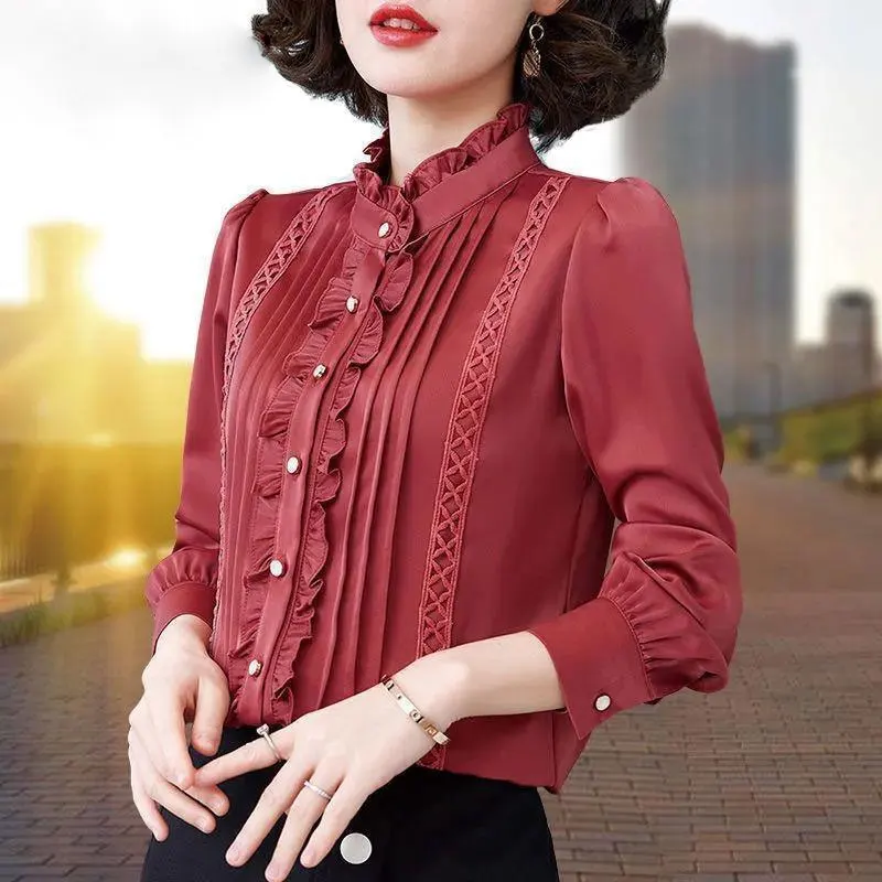 Top Trends: Commute Ruffles Spliced Pleated Blouse 2023 Spring Autumn Fashion Lace Women's Clothing Stand Collar Single-breasted Loose Shirt Shoppable Styles