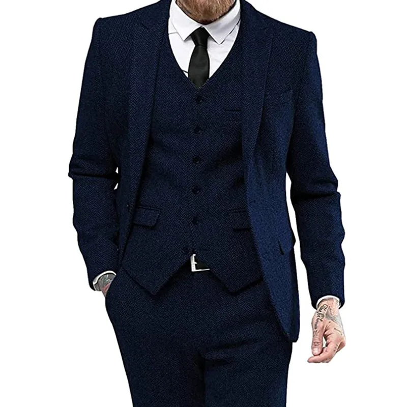 Top Trends: 2023 Men Tweed Herringbone Suits Groom Wear Business Party Wedding Formal Causal Suit Terno Masculino 3 Pieces(Blazer+ Vest+ Pant) Shoppable Styles