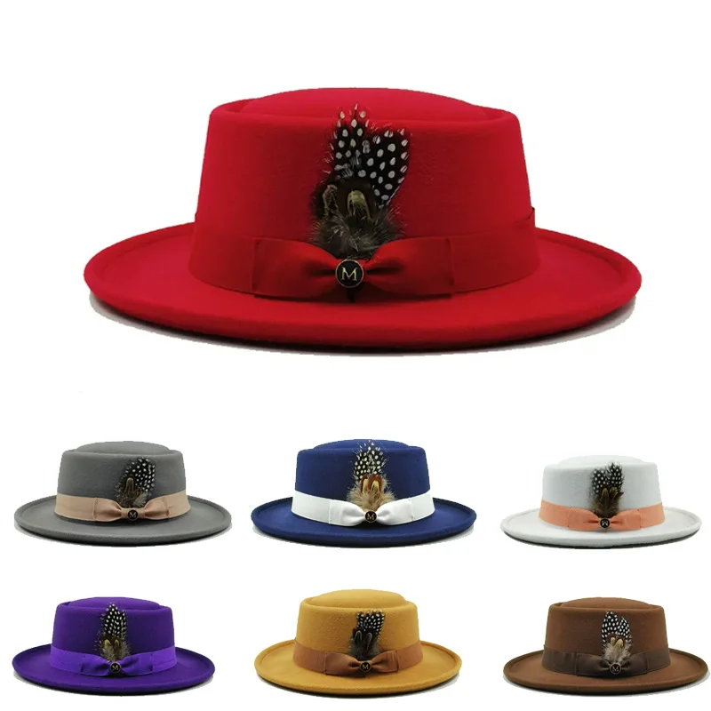 Top Trends: Vantage Pork Pie Hat Men Feather Fedora Hat Webbing Decorative Flip-brim Felt Hats Panama Gentlemen Women Church Jazz Hat Shoppable Styles