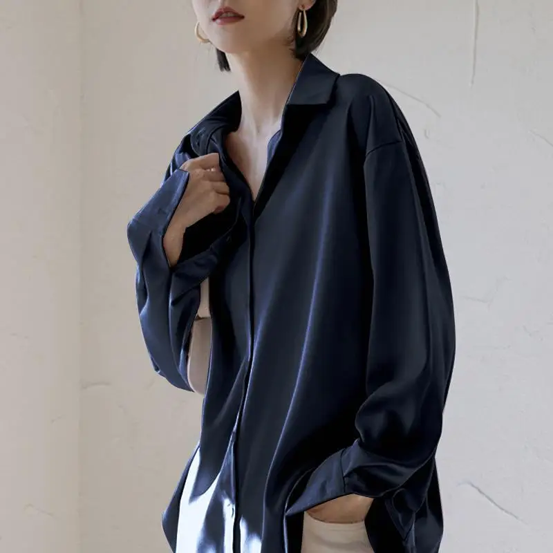 Top Trends: Elegant Solid Color Button Loose Satin Shirt Women&#039;s Clothing 2022 Autumn New Oversized Casual Tops All-match Office Lady Blouse Shoppable Styles