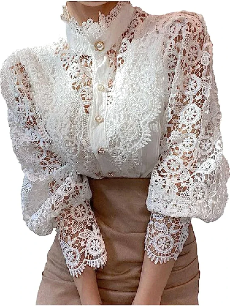 Top Trends: Women White Lace Blouse Big Size Sexy Long Sleeve Lace Basic Shirt Top Spring Summer Korea Elegant Flower Blouse Office Outfit Shoppable Styles