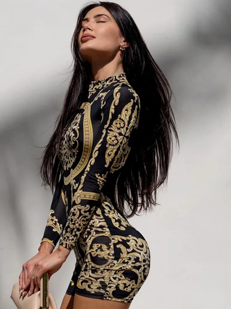 Top Trends: Print Short Jumpsuit Women Clothing O-neck Long Sleeve Playsuit Bodycon Sexy Rompers Skinny Ropa De Mujer One Piece Bodysuit Y2k Shoppable Styles - Image 4