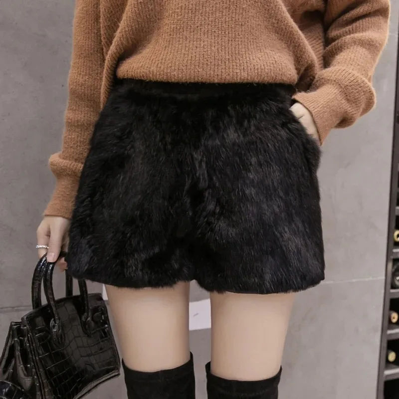 Top Trends: Luxurious High Street Winter Warm Real Rabbit Fur Shorts Thermal Wool Short Trousers Fashion Casual Black Short Pants 2023 New Shoppable Styles - Image 4