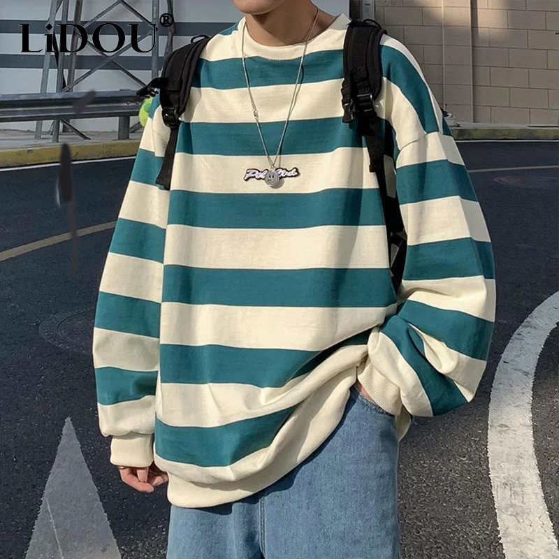 Top Trends: Spring Autumn Korean Fashion Striped Hip Hop Sweatshirt Man Casual Long Sleeve Tops Pullover Ropa Hombre Streetwear Male Clothes Shoppable Styles